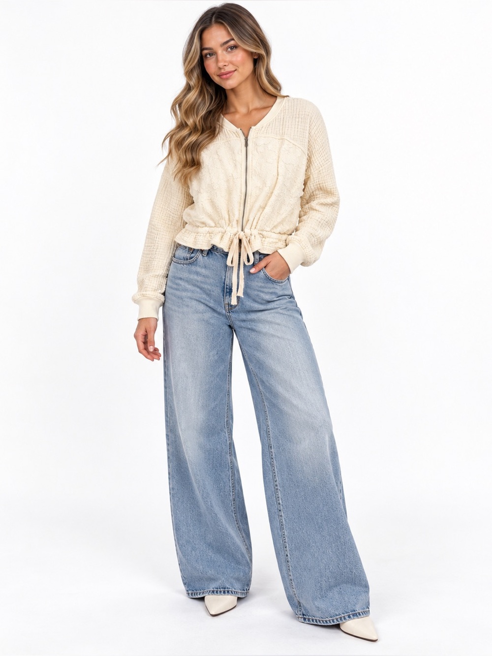 Saturday Sunday Ivory Textured Zip Up Jacket Size M Cropped Boho Peplum Top